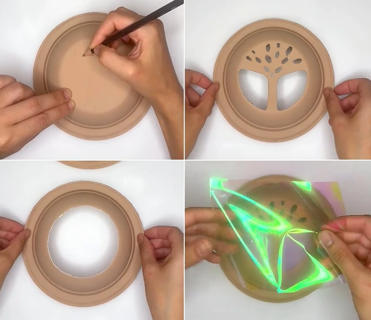 Teller beige bemalen und Gesicht ausschneiden