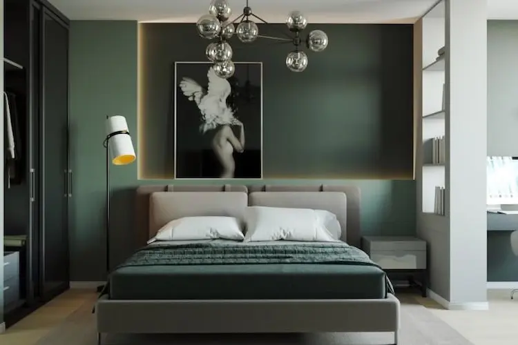 verschiedene nuancen der grünen farbe für wandgestaltung und einrichtung des schlafzimmers verwenden