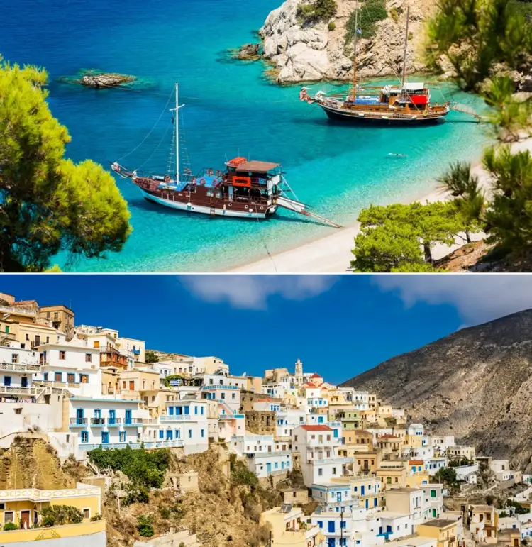 Warme Reiseziele für Oktober in Europa - Karpathos mit Strand und Stadt