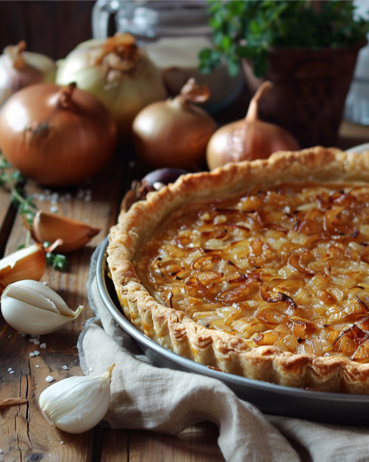 frisch gebackene zwiebeltarte mit blätterteig