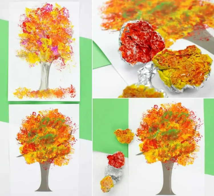 Herbstbilder malen mit Kindern und Aluminiumfolie - Kugeln in Farbe tauchen und stempeln