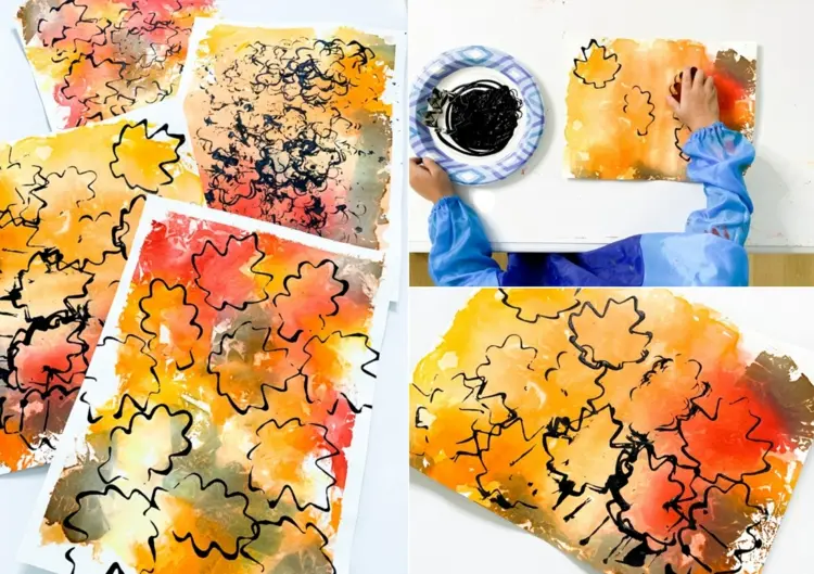 Herbstbilder malen mit Kindern - Wasserfarben und Ausstecher als Stempel