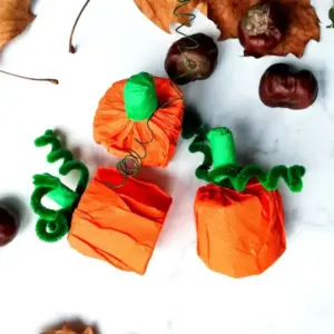 Herbstdeko mit Toilettenpapierrollen basteln - Mini-Kürbisse mit Seidenpapier