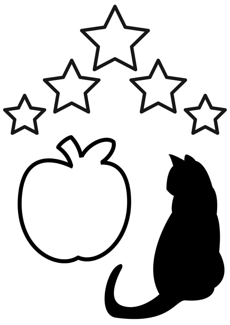 Kostenlose Vorlage für Sterne, schwarze Katze und Apfel
