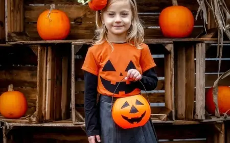 Kürbis Kostüm für Kinder mit orangem T-Shirt und Fratze aus Filz