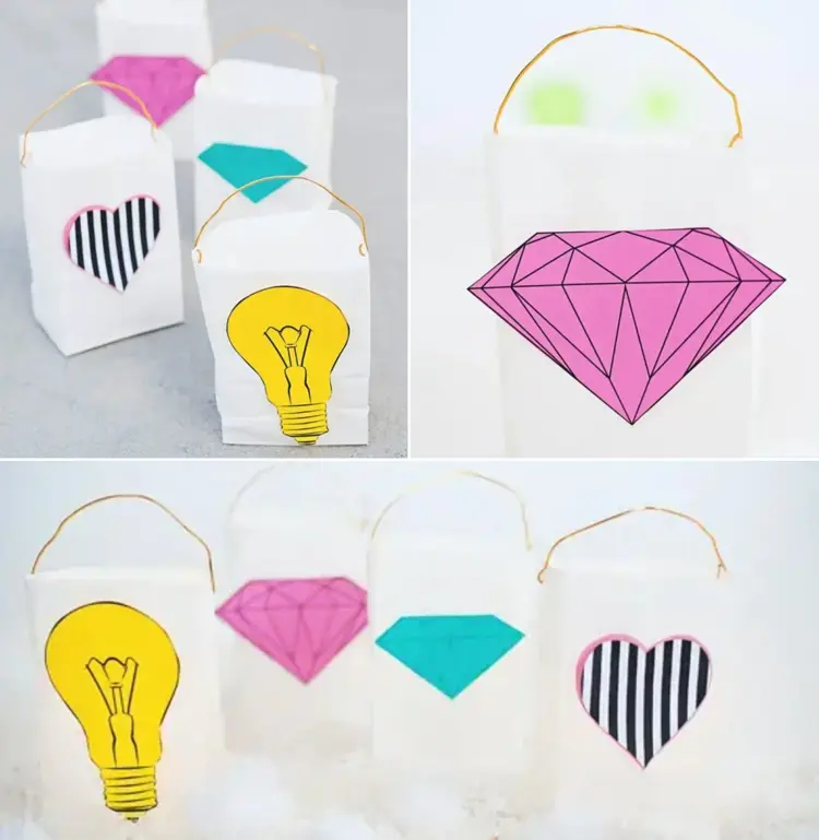 Laterne basteln mit Papiertüte für eine Party mit lustigen Bildern - Glühbirne, Diamant und Herz