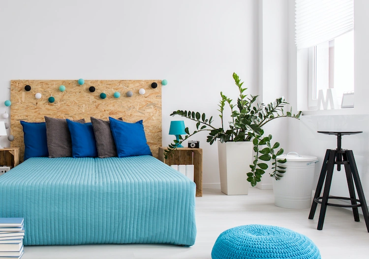 minimalistische gestaltung eines raums mit bett und pflanzen für schlafzimmer wie geldbaum