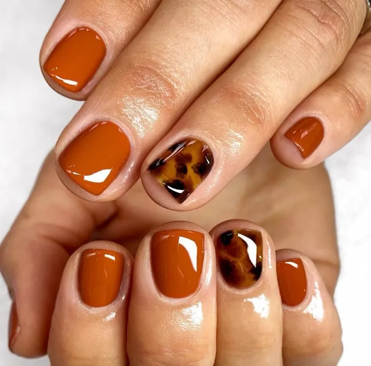 pumpkin spice nails mit schildpattmuster für kurze, quadratische nägel