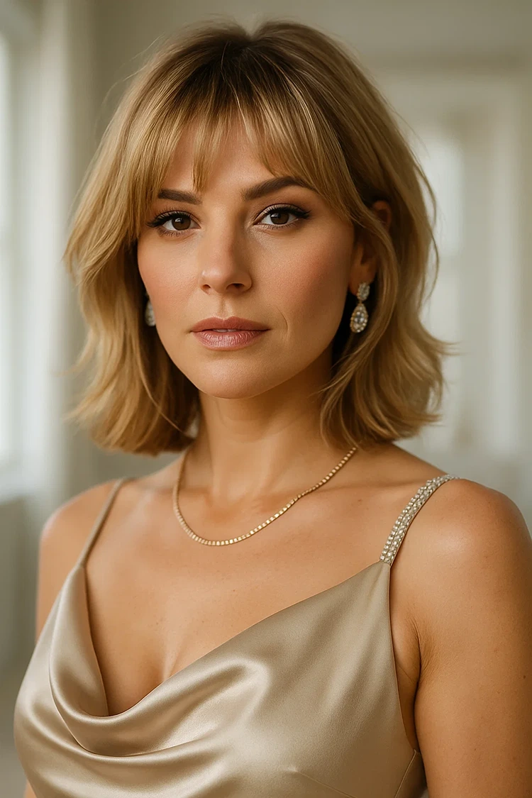 schulterlange haare mit pony sassy layer cut mit face framing pony