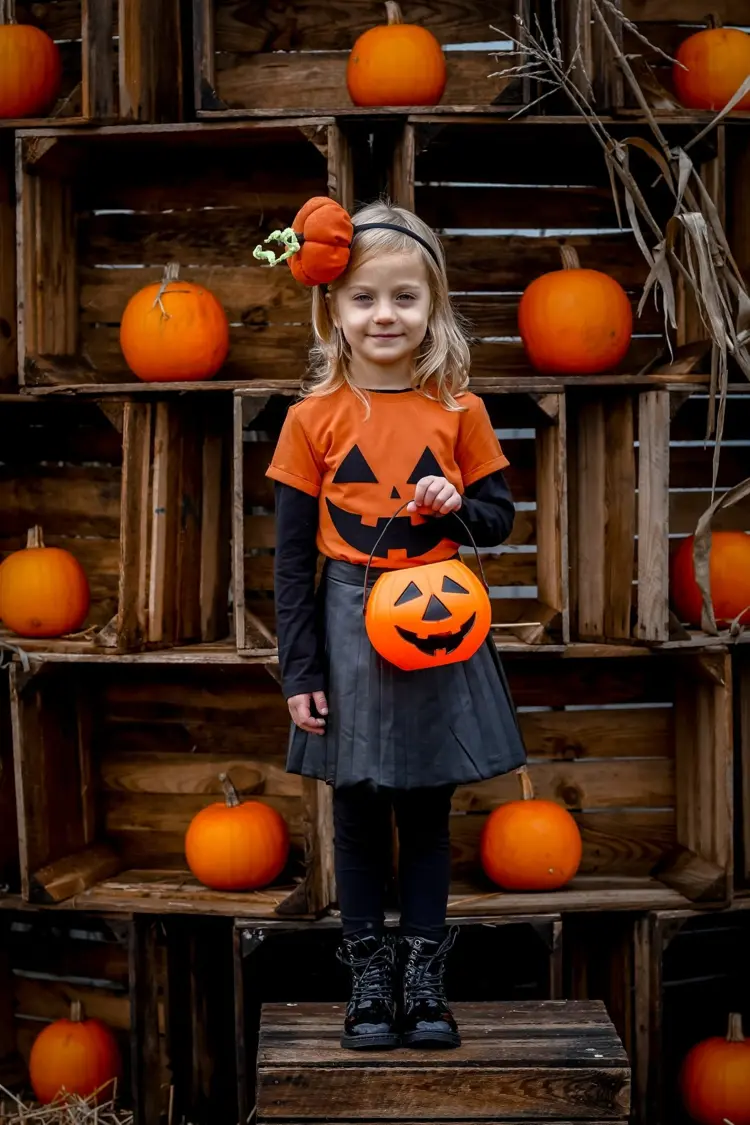 Verkleidung für Mädchen zu Halloween mit schwarzem Rock und Shirt in Orange