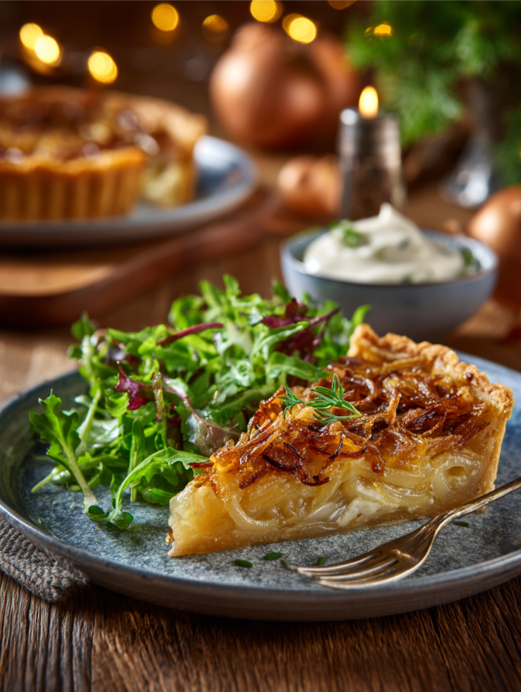 zwiebeltarte mit mürbeteig und salat
