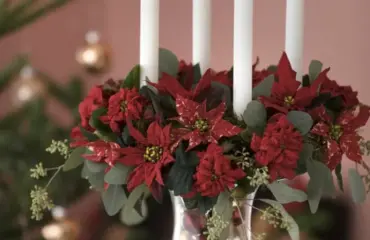 adventskranz mit eukalyptus selber machen rote weihnachtssterne und stabkerzen