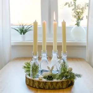 diy adventskranz mit glas flaschen auf holzscheibe