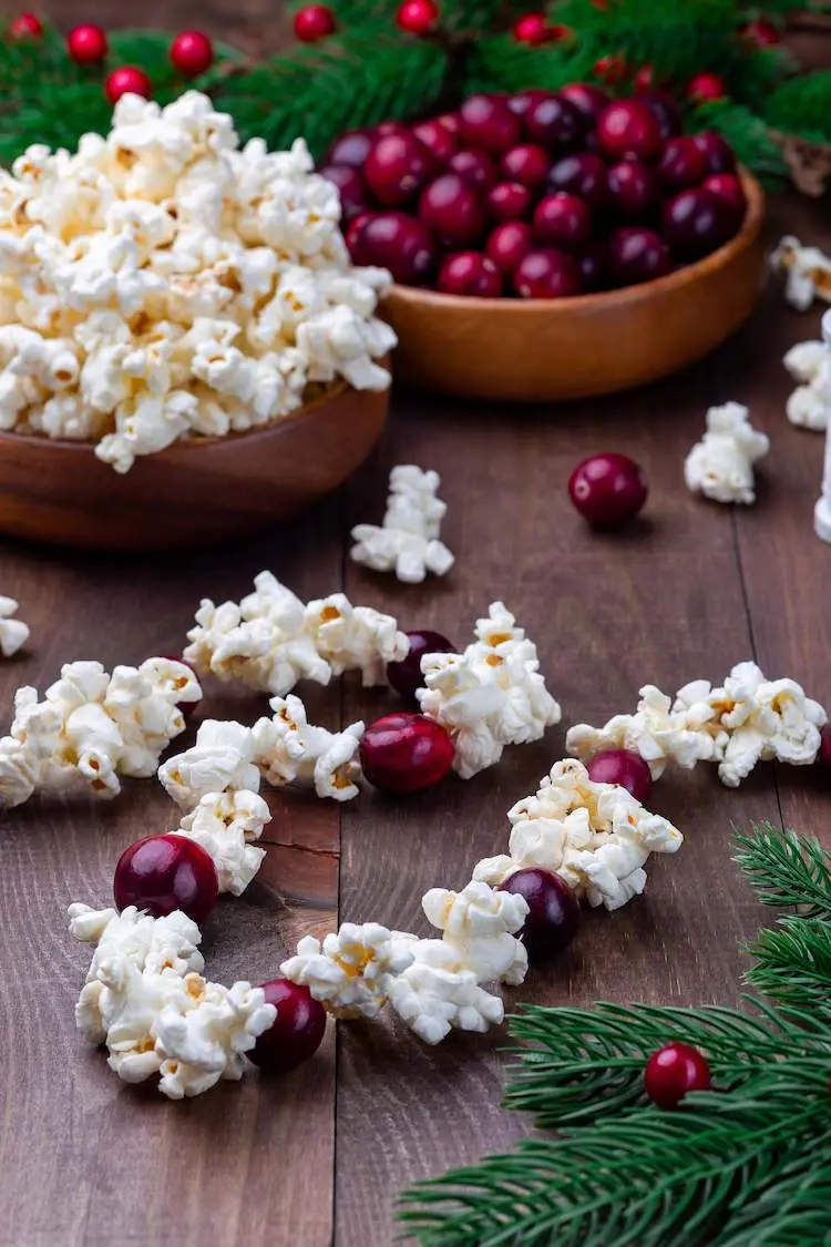 essbare girlande aus popcorn und roten beeren zu weihnachten selber machen