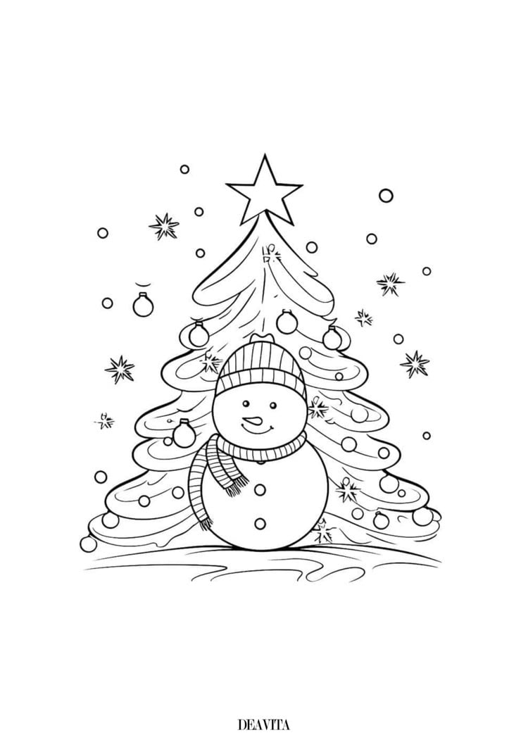 Festliche Ausmalbilder Schneemann und Weihnachtsbaum