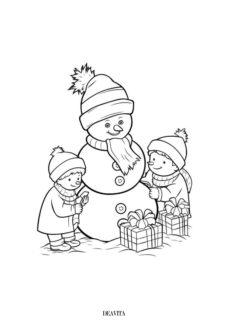 Kinder bauen Schneemann Ausmalbild für Weihnachten