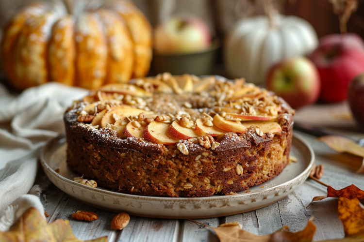 kuchen mit kürbis, apfel und haferflocken für den herbst