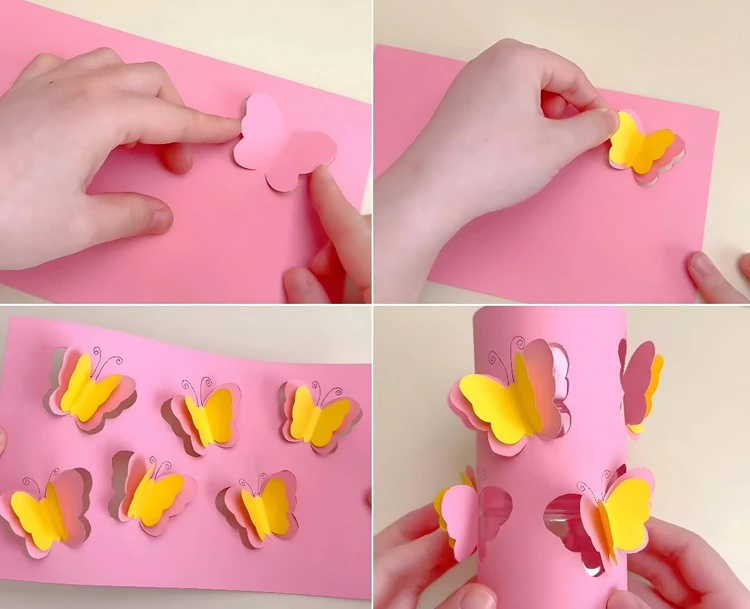 Schmetterlinge ausschneiden und die Plastikflasche mit Papier verkleiden