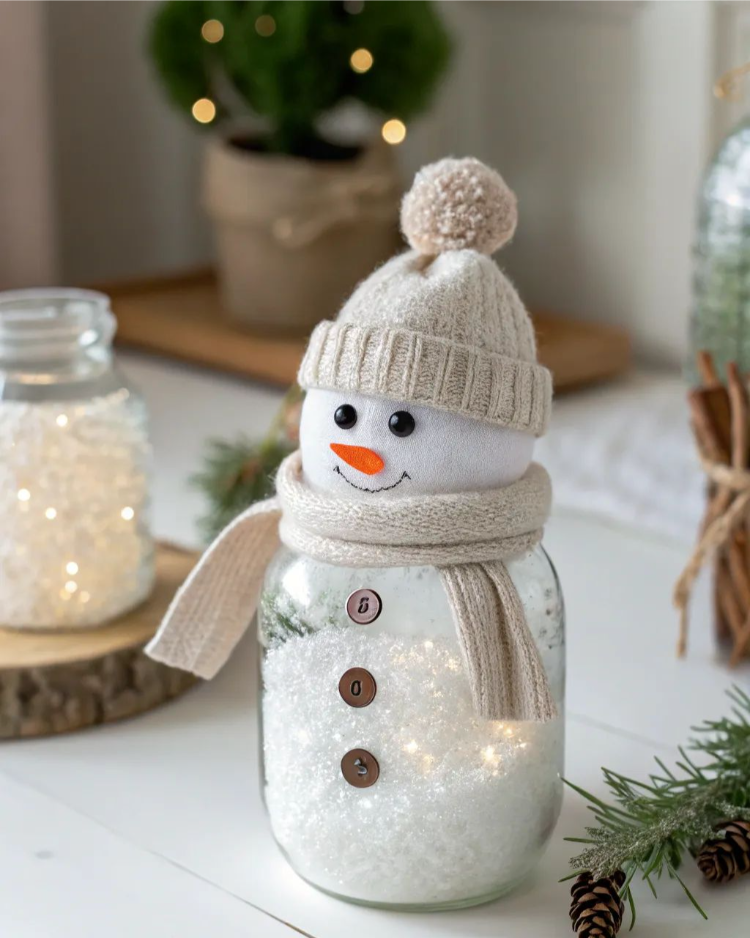 weihnachtsdeko im glas schneemann