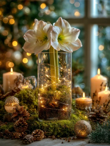 weiße amaryllis in einem glas zu weihnachten