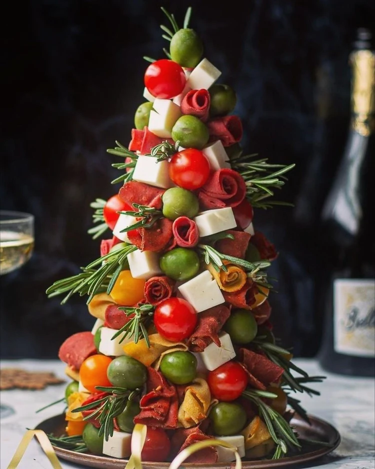 charcuterie weihnachtsbaum aus käse, kirschtomaten, grünen oliven selber machen