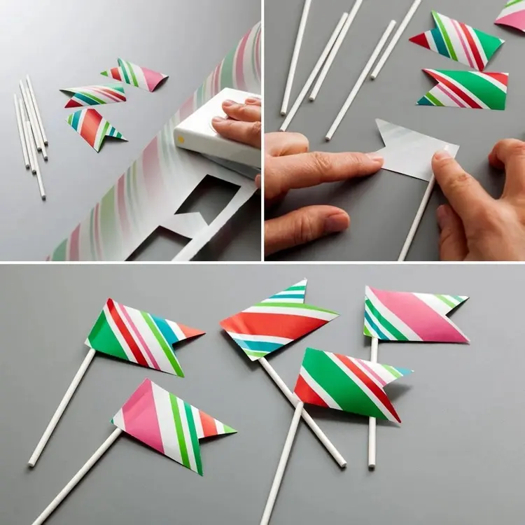 fähnchen mit buntem papier und zahnstochern zum dekorieren von essen auf partys