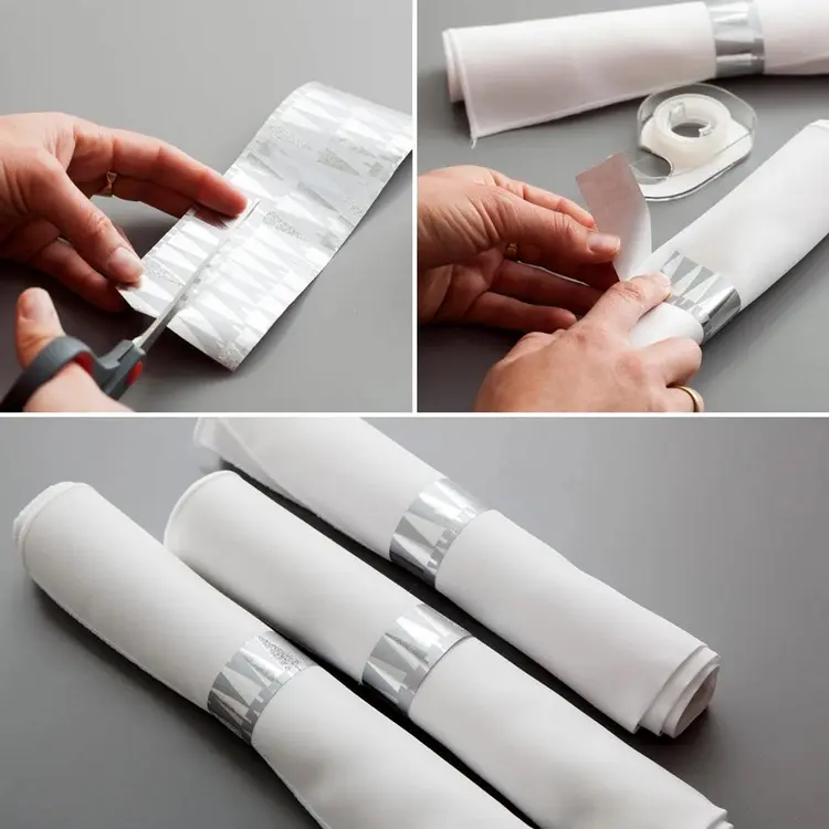 last minute deko herstellen serviettenringe aus silbernem papier