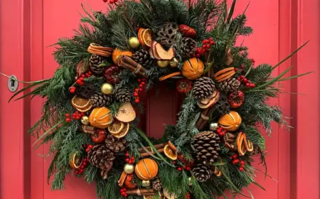 türschmuck für weihnachten aus grünzeug, tannenzapfen und getrockneten früchten