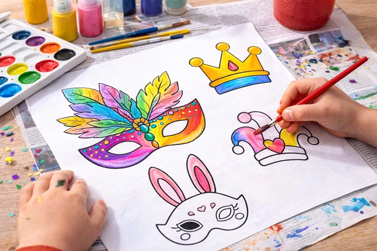 Faschings-Ausmalbilder für Kinder mit Masken, Krone und Narrenhut