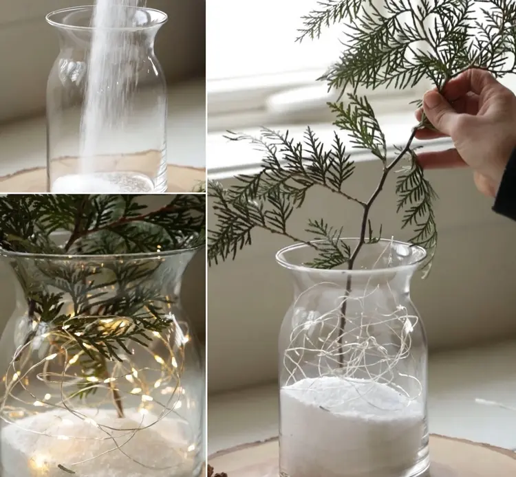 gläser für eine winterdeko dekorieren mit künstlichem schnee für die fensterbank