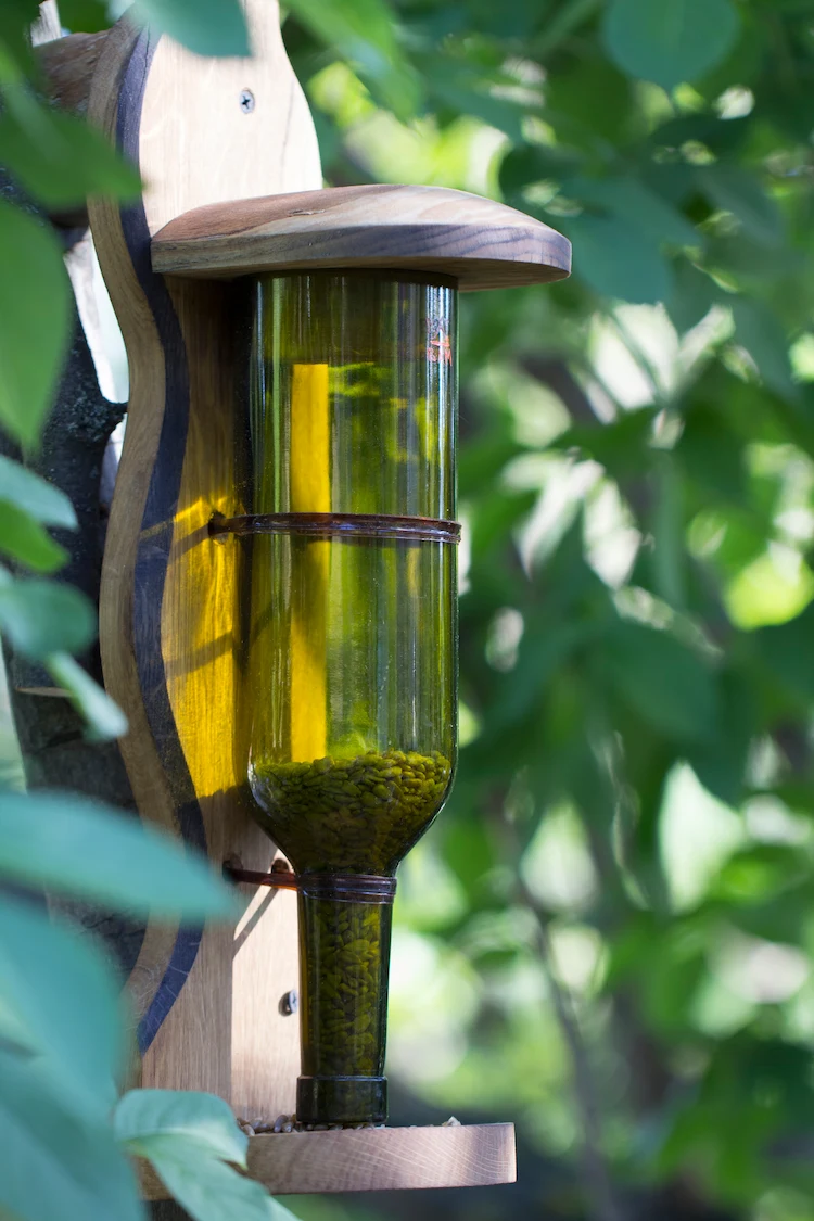 glasflasche auf baum befestigen und als diy vogelfutterspender verwenden