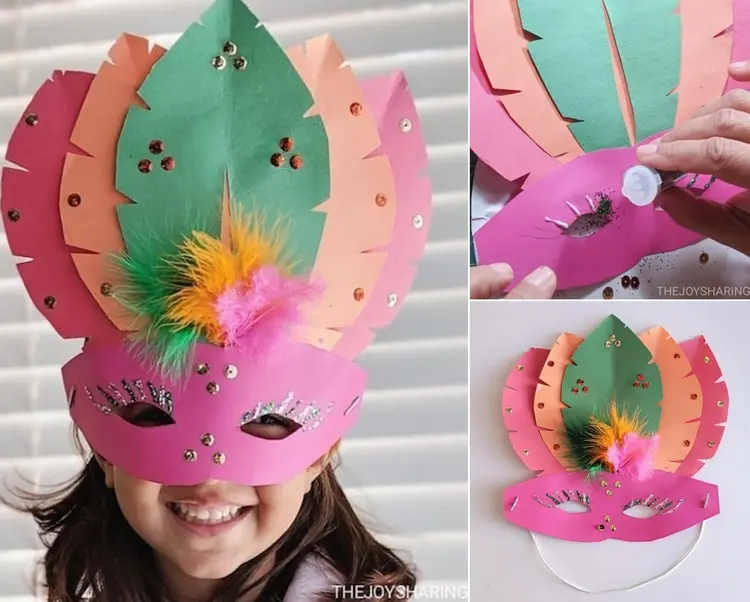 lustige masken basteln mit kindern aus blättern aus papier und federn mit vorlage