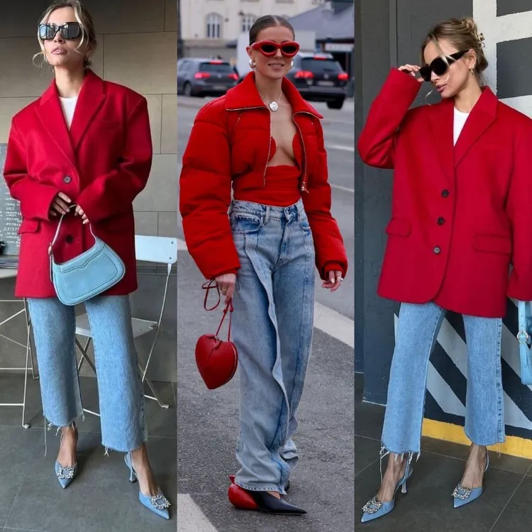 oversized mantel und jeans outfits trendfarbe rot kombinieren