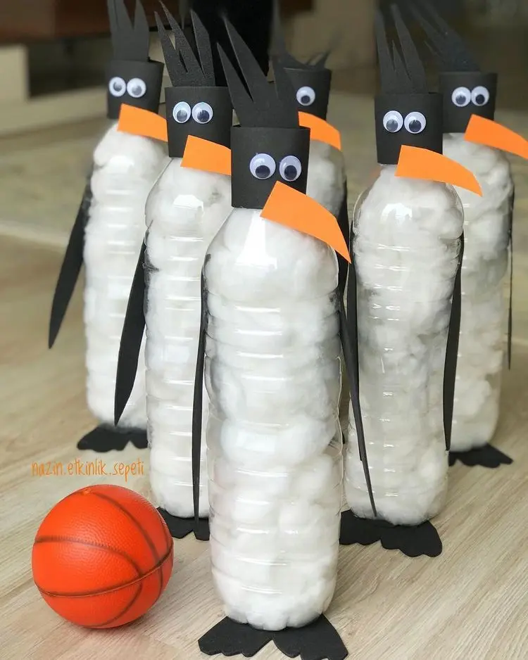 pinguin basteln mit watte und plastikflasche