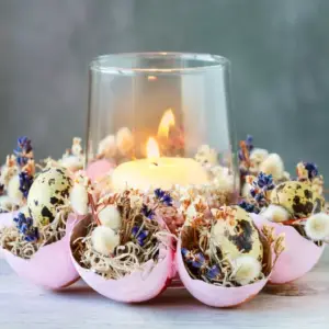 windlicht basteln mit weidenkätzchen, lavendel und eierschalen