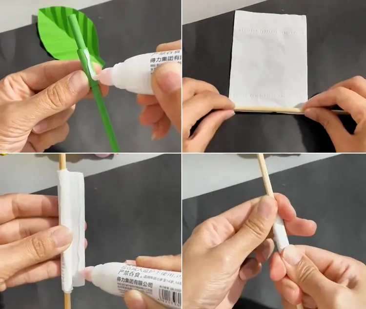 die raupe herstellen aus papiertaschentuch mit hilfe eines holzstäbchens