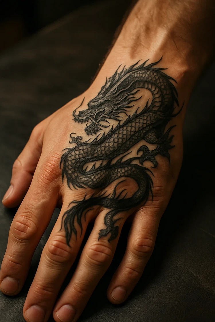 drachen hand tattoo für mut und stärke