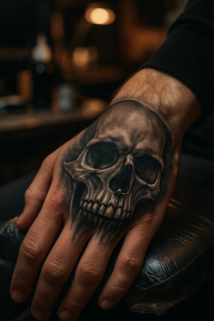 realistisches hand tattoo totenopf