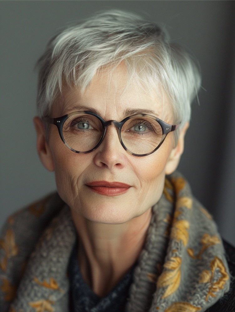 Ältere frau mit kurzem pixie haarschnitt und brille