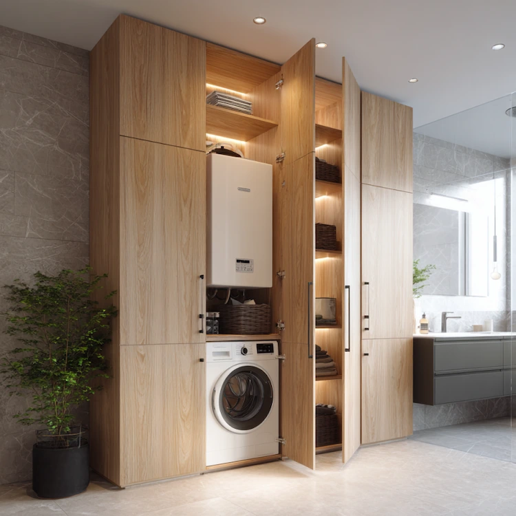 Badezimmerschrank mit Waschmaschine und Boiler