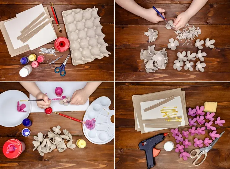 bastelanleitung für muttertagsgeschenke aus selbstgemachten eierkarton blüten