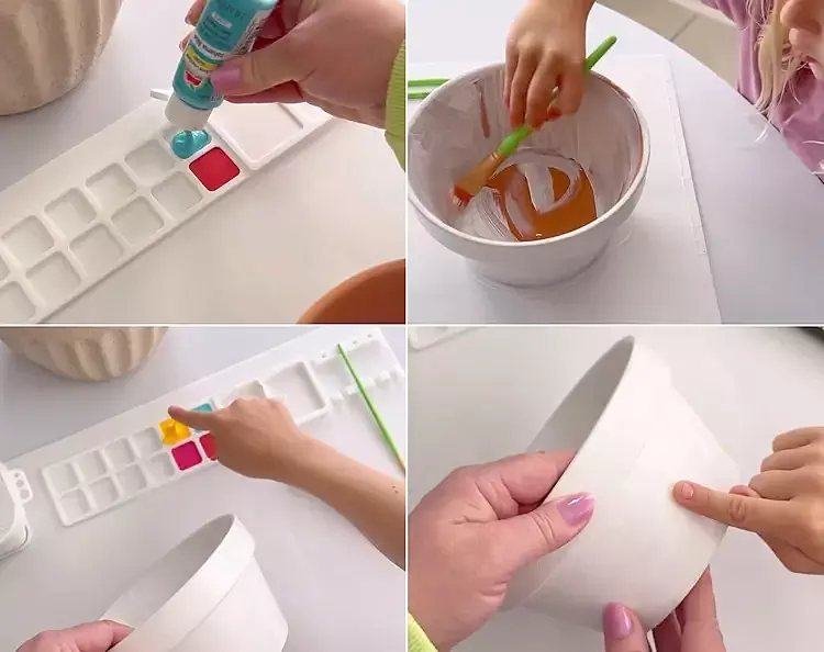 How to color a flower pot with fingerprints