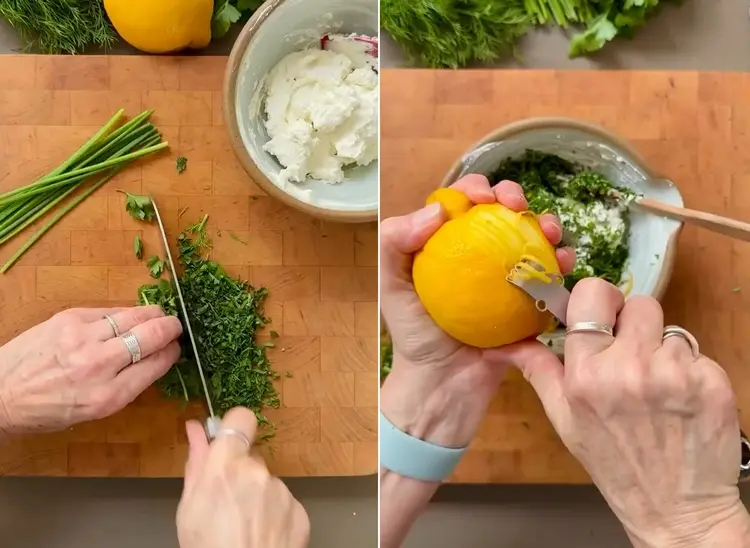 For the tart, chop the herbs and grate the lemon and prepare the cream cheese