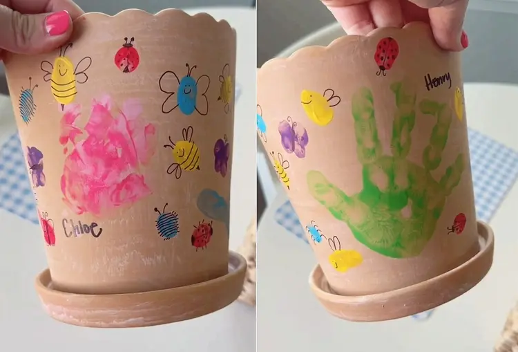 Mit Fingerabdrücken einen Blumentopf bemalen - Eine spaßige Aktivität auf dem Kindergeburtstag