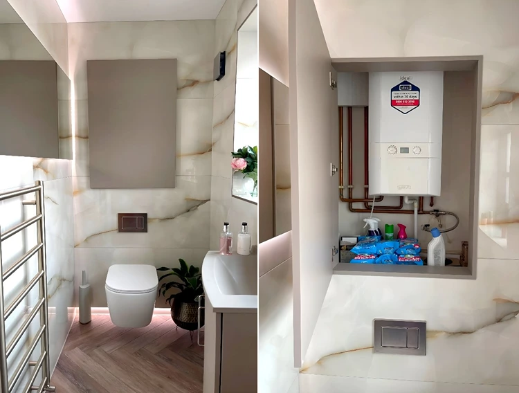 Modernes Badezimmer mit Marmorplatten und schlichter Tür mit Stauraum für das Heizgerät