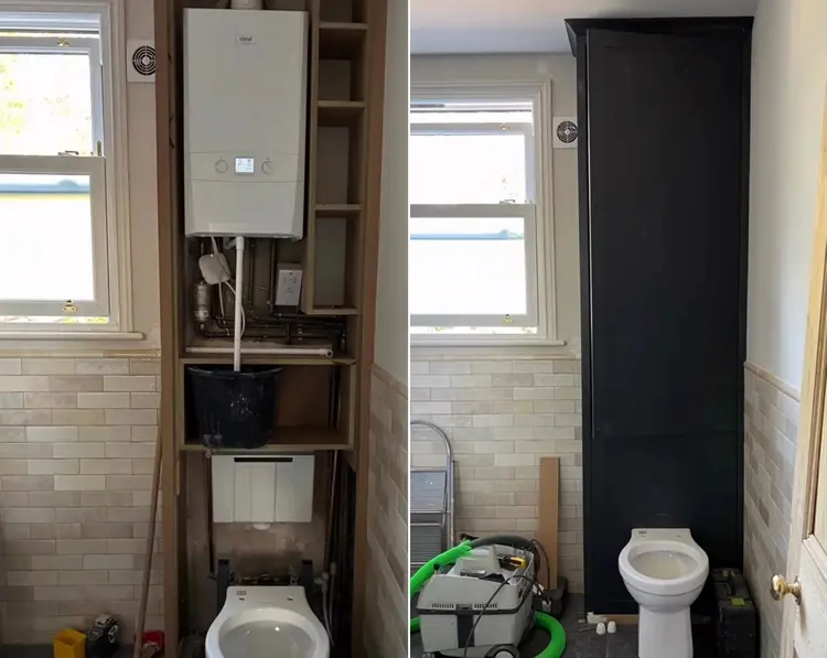 Toilettenspülung und Warmwasserboiler in einem Einbauschrank