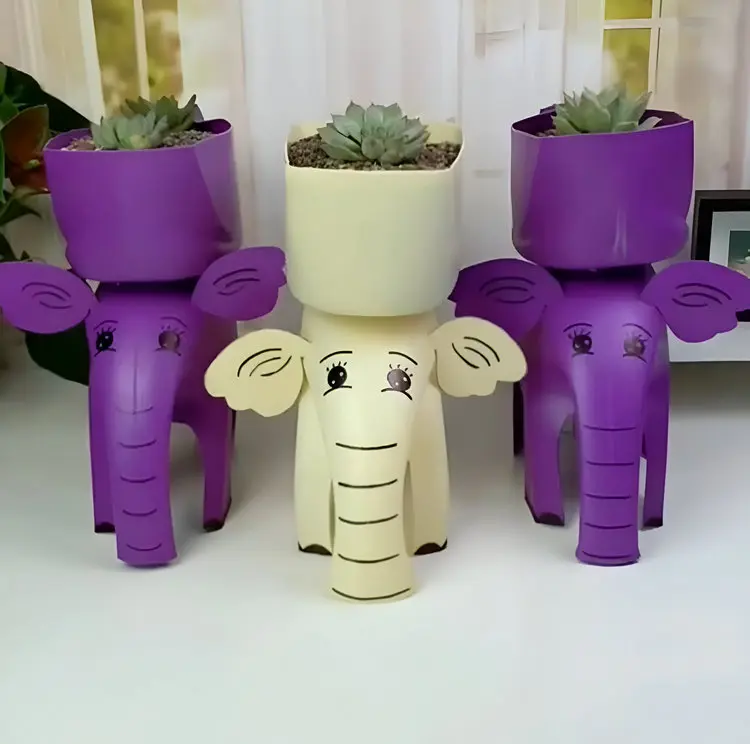 Elefanten basteln mit Waschmittelflaschen als Blumentopf für kleine Pflanzen