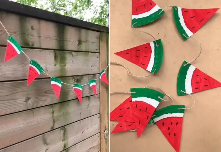 Girlande aus Wassermelonen basteln mit Papptellern im Sommer
