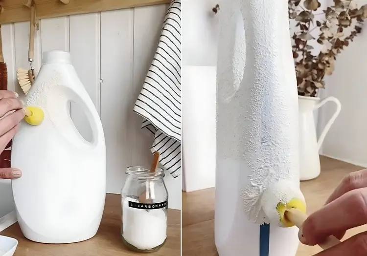 Ideen zum Basteln mit Waschmittelflaschen - Acrylfarbe mit Natron mischen und auf die Flasche tupfen