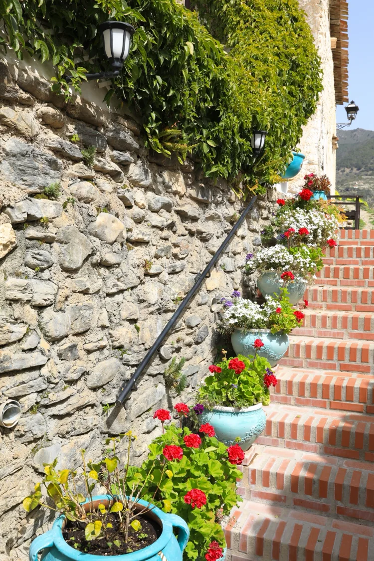 Mediterranes Flair im Garten mit bepflanzten blauen Töpfen auf den Treppenstufen